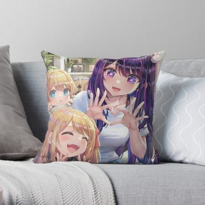 Oshi No Ko, Hoshino Ai, Hoshino Ruby, Hoshino Aquamarine, Heart Gesture, Potted Plant, Mother And Daughter, Mother And Son, Sitting On Couch Throw Pillow Official Oshi No Ko Merch